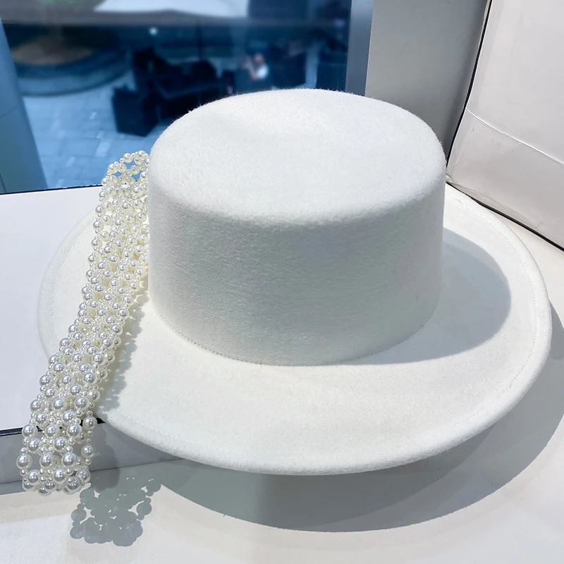 Cappello a cilindro piatto con catena di perle eleganti per bambini bianchi autunno e inverno — foto 11