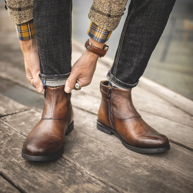 Title 7, Mens Genuine Leather Mid-Cut Martin Boots