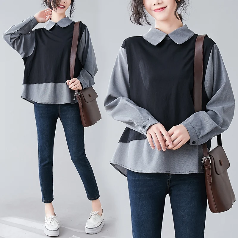 Literary Plus Size Fake Two-piece Shirt Loose And Thin Covering Belly Plaid Stitching Top — photo 1