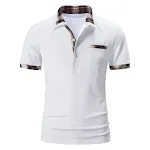 Camiseta Polo Básica de Manga Curta Masculina de Verão com Padronagem Xadrez e Blocos de Cor, Conforto para o Verão — foto 11
