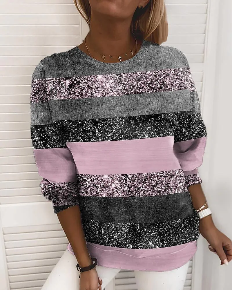 Suéter feminino de manga longa com estampa digital listrada e patchwork para primavera e outono. Conforto e estilo em uma peça. — foto 8
