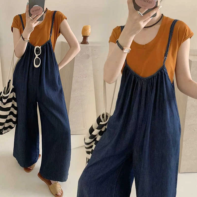 Denim Overall Pak Losse Grote Maat Bretels Jumpsuit Korte Mouw Tweedelige Set Comfortabele Vrijetijdskleding voor Elke Dag — foto 2