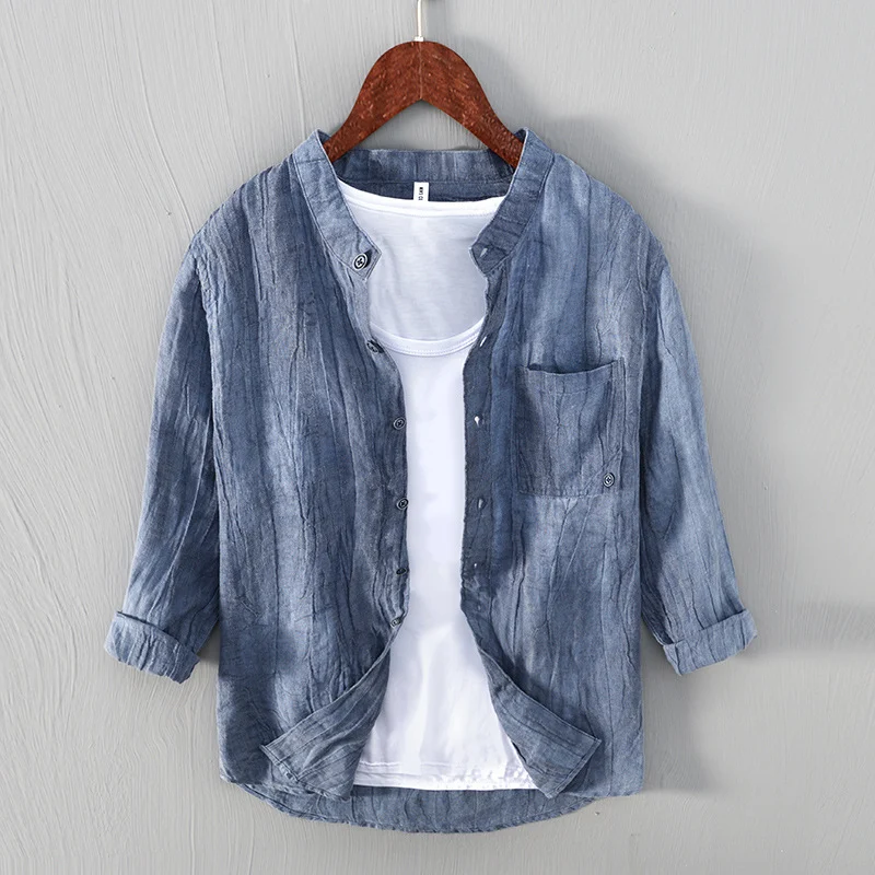 Chinese Style National Fashion Solid Color Linen Shirt for Men, Comfortable and Casual 3/4 Sleeve, Distressed Look, Perf — photo 24