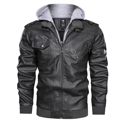 Title 10, Mens Jacket Coat Leather PU Removable Hood Sty...