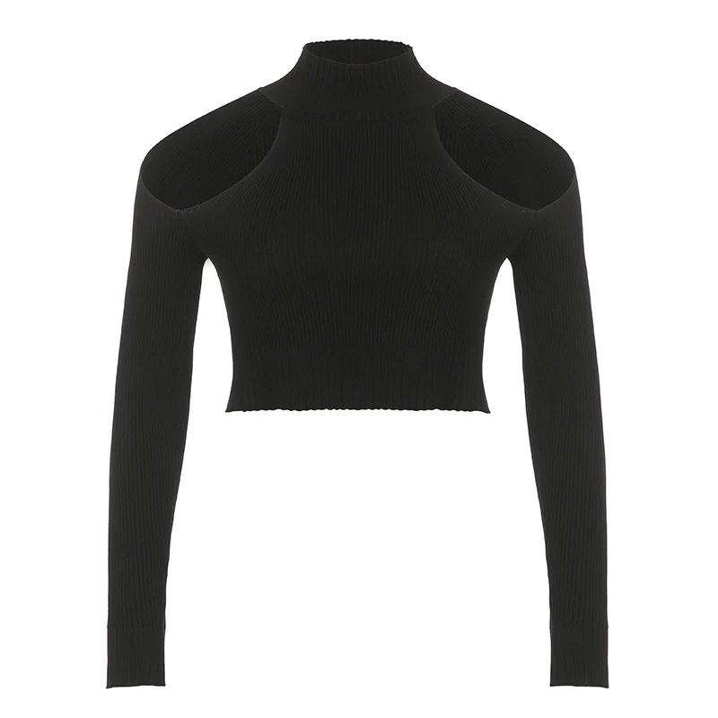 Street Style Personality High Neck Shoulder Cut Out Long Sleeve T-shirt Lady — photo 1