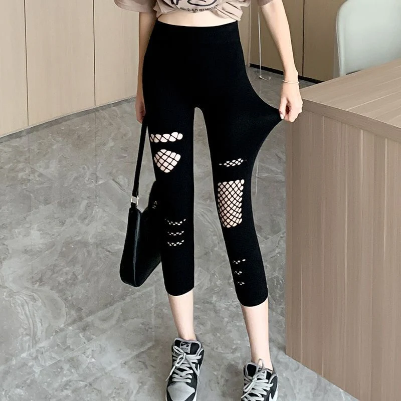 Summer Thin Women's Ripped Mesh Cropped Pants Breathable Lightweight Perfect for Hot Days Stylish and Comfortable Trendy — photo 1