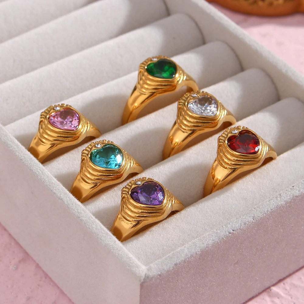 Anel de coração e coroa com zircônia, banhado a ouro 18K, aço inoxidável, adorno de moda vintage, presente ideal. — foto 12