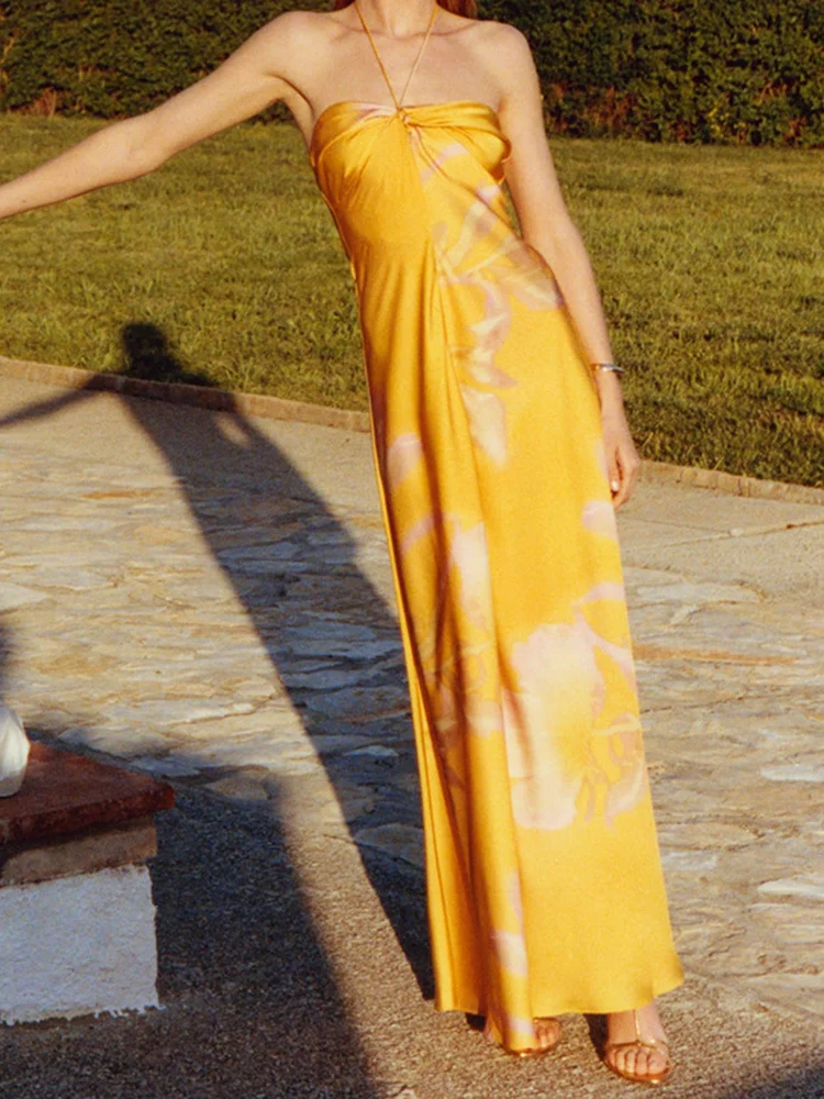 Title 14, Yellow Print Satin Dress Sleeveless Halter for ...