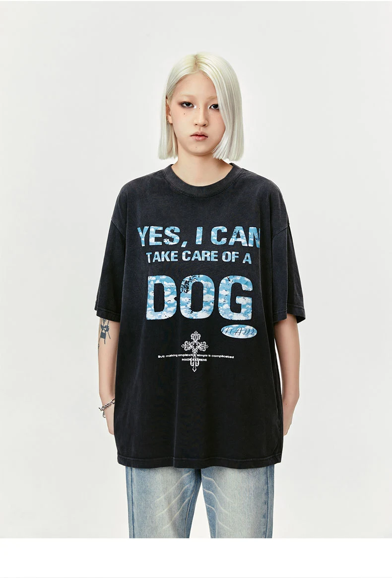 Title 4, Letter Puff Print Short Sleeve Washed Old T-shi...