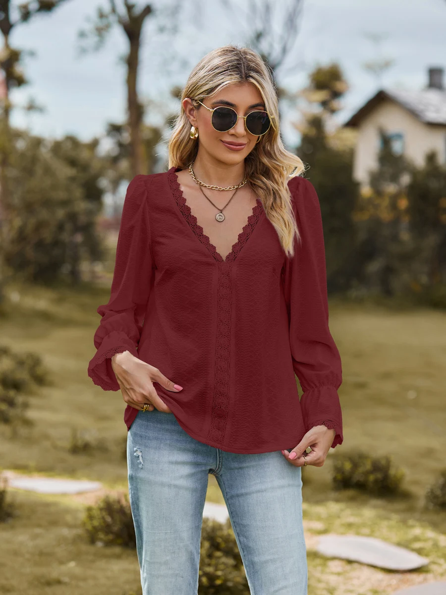 Title 9, Womens Fashion Jacquard Lace V-neck T-shirt Ca...
