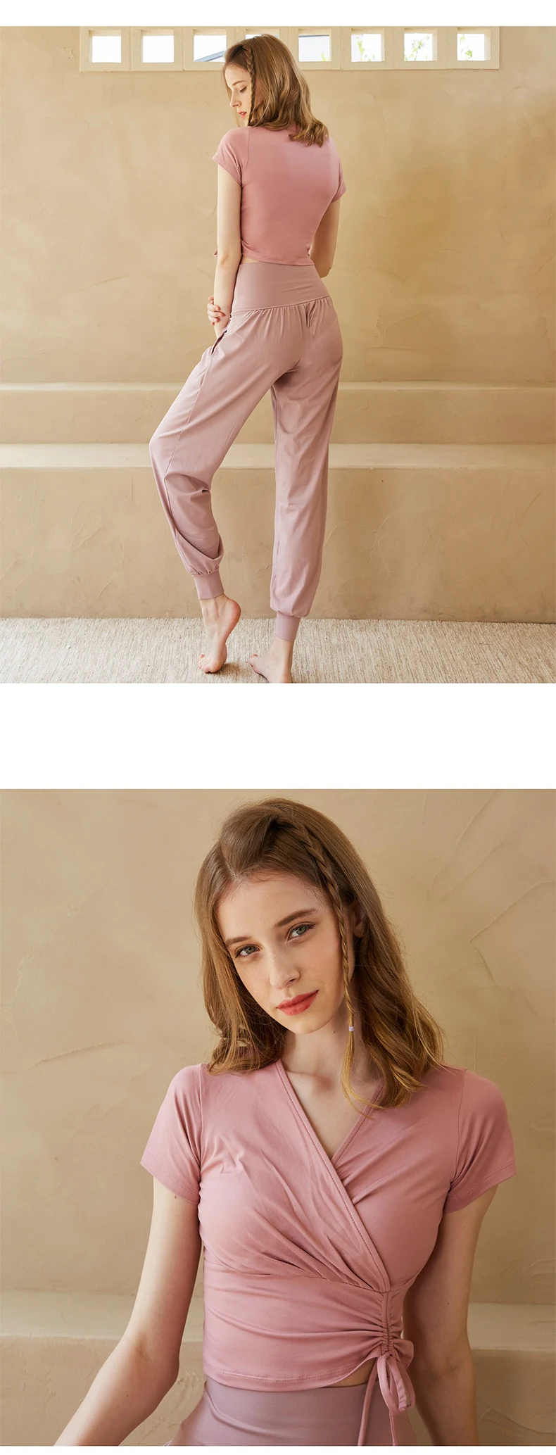 Zomermode Nieuwe yogapak met korte mouwen V-hals Kruistouw Taille Afslanken Sport Pilates Balletstijl — foto 21