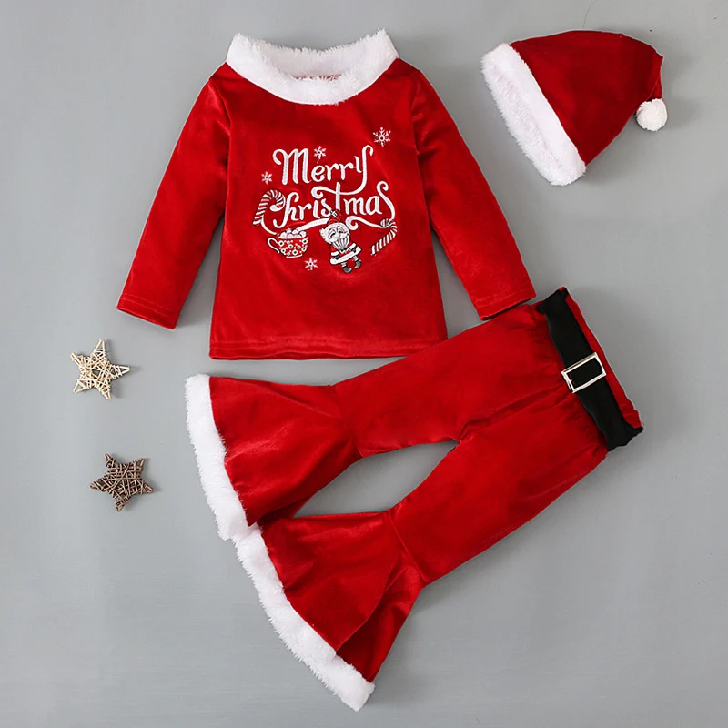Conjunto de Natal de pelúcia com top, calças boca de sino e chapéu, perfeito para festas e fantasias natalinas aconchegantes. — foto 1