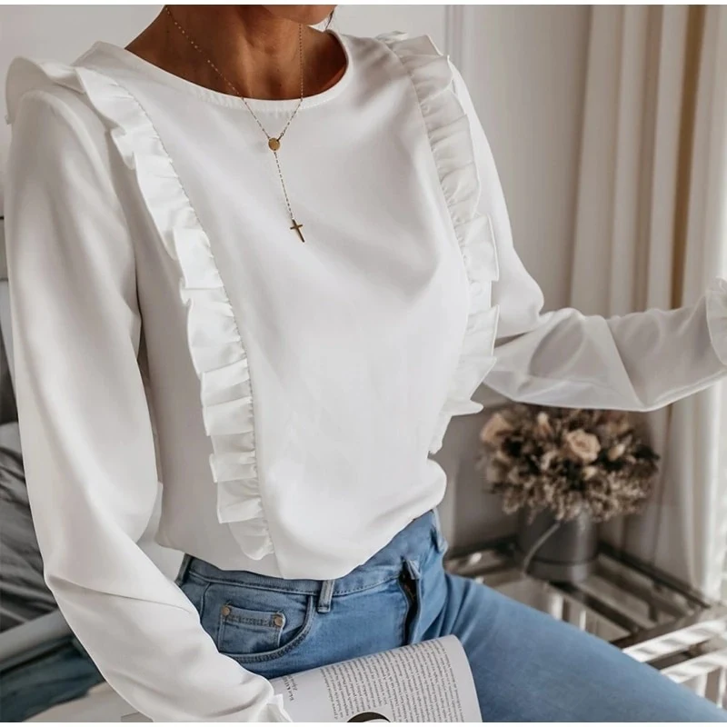 Camisa de manga longa com abotoamento nas costas e acabamento plissado, ideal para um visual elegante e confortável em diversas ocasiões. — foto 2