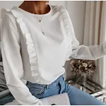Camisa de manga longa com abotoamento nas costas e acabamento plissado, ideal para um visual elegante e confortável em diversas ocasiões. — foto 2