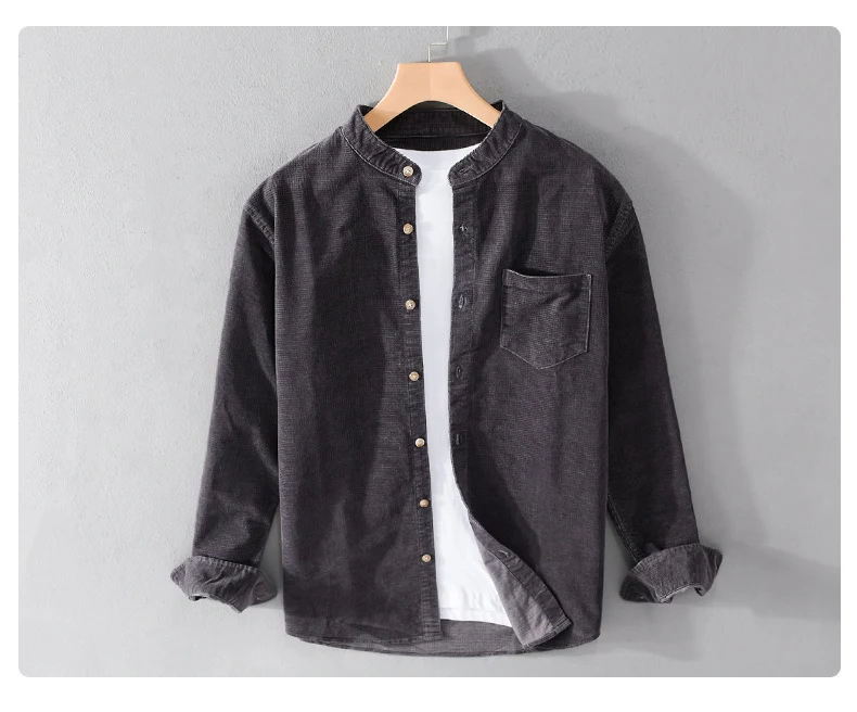 Camisa Masculina Casual Retrô de Corduroy com Gola Alta Manga Longa Conforto e Estilo para o Dia a Dia Visual Vintage — foto 2