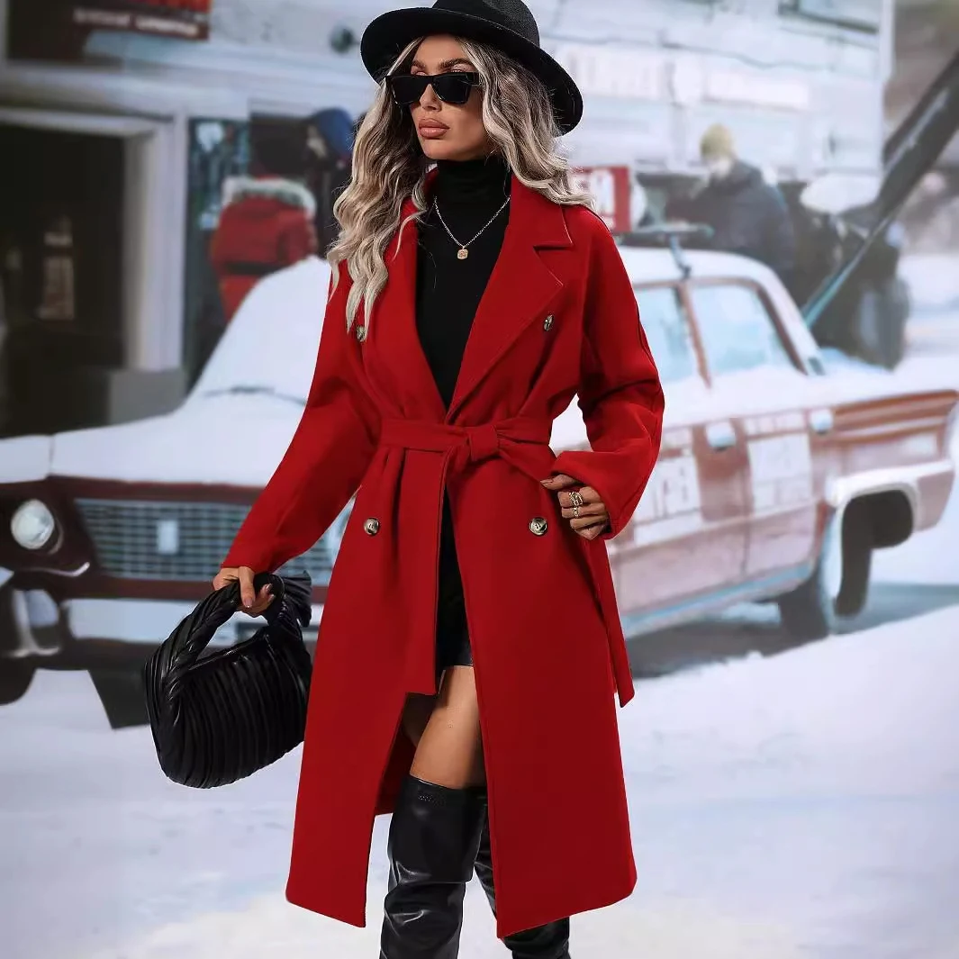 Autumn and Winter Solid Color Double Breasted Lace-up Woolen Coat. Stay warm and fashionable with this stylish and comfo — photo 4