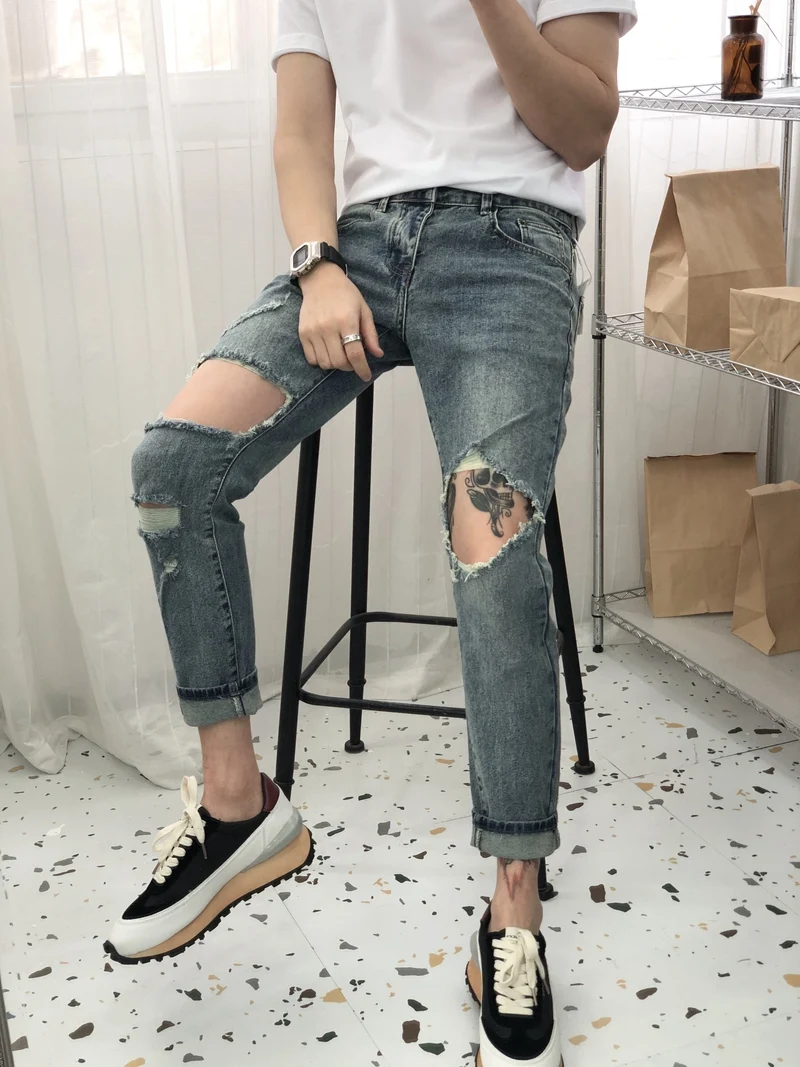 Calças Jeans Cropped Masculinas Rasgadas Estilo Coreano Buracos Design Beggar Jeans Denim Jeans Jeans Jeans Casual — foto 3