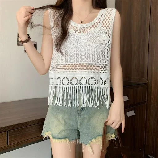 Title 4, Womens Tassel Chiffon Patchwork Lace V-neck Sh...