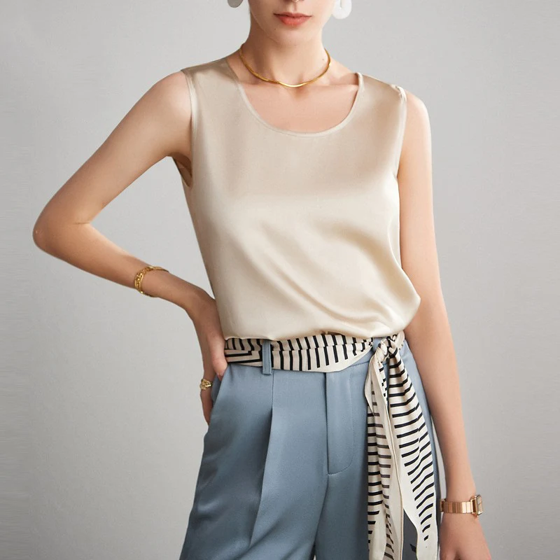 Colete de seda real feminino cetim sem mangas com suspensórios, perfeito para looks elegantes e confortáveis, realçando a beleza. — foto 12