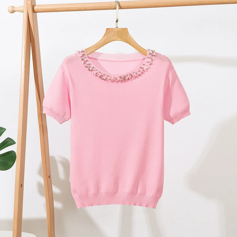 Title 5, New Solid Color Beaded Short Sleeve Loose Round...