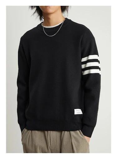 Title 6, Mens Gray Pullover with Striped Design and Rou...