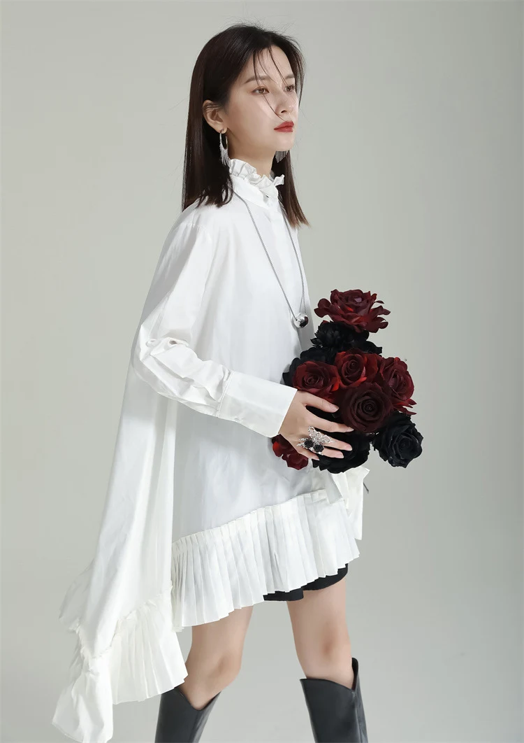 Title 5, Long Sleeve Stand Collar Hem Pleated Irregular ...