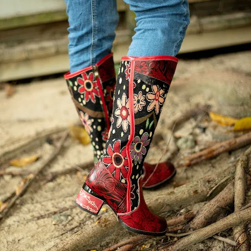 Title 2, Botas femininas casuais de couro, retrô, florai...