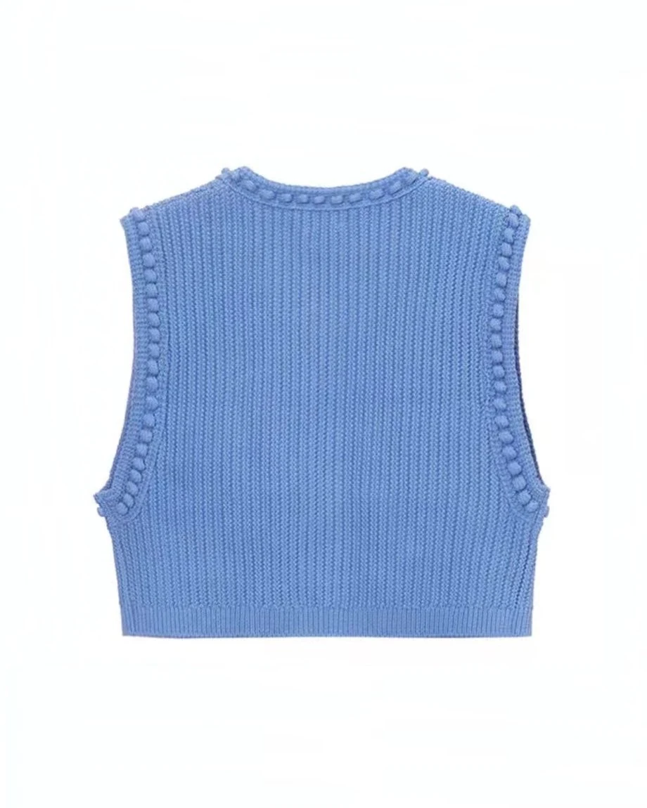 Title 3, Blue Crewneck Knitted Cardigan Vest Short Style...