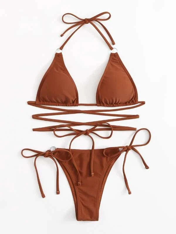 Women's solid color bandage split swimsuit bikini, perfect for beach or pool. Enjoy sunbathing with this comfortable and — photo 3