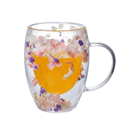 Title 8, Real Flower Double Layer Glass Cup Borosilicate...