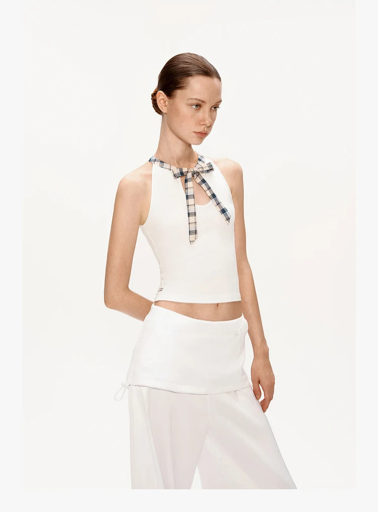 Title 9, Patchwork Plaid Bow Bandage Halterneck Vest Top