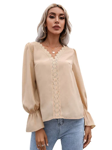 Title 24, Temperament V-neck Hollow Lace Long-sleeved Shi...