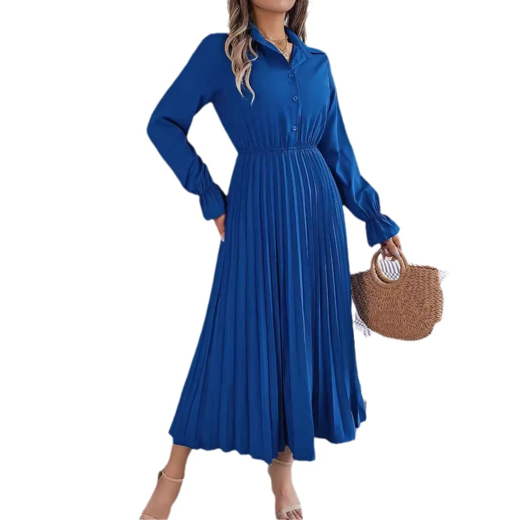 European And American Autumn And Winter Leisure Lapel Button Long Sleeve Cinched Pleated Dress — photo 1