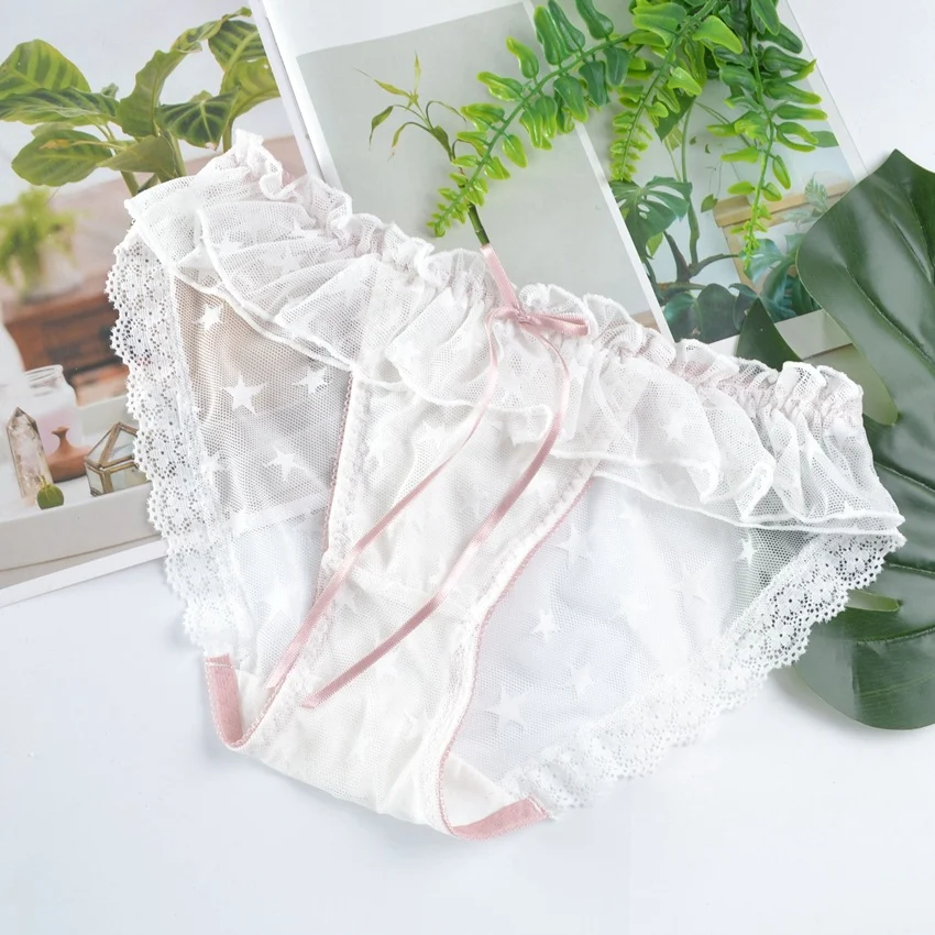 Calcinha feminina fofa com renda de tela transparente, estrela de cinco pontas, laço de fita voadora, para um visual doce e sexy. — foto 8