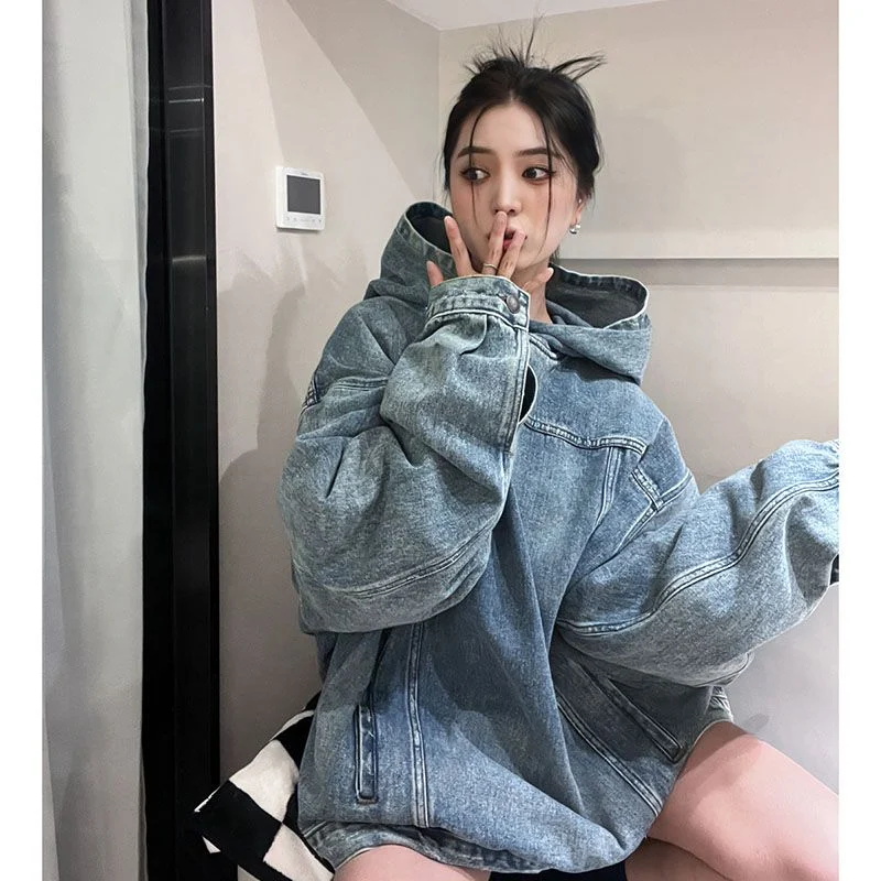 Title 1, Damen Retro Denim Kapuzenpullover, lockerer Sch...