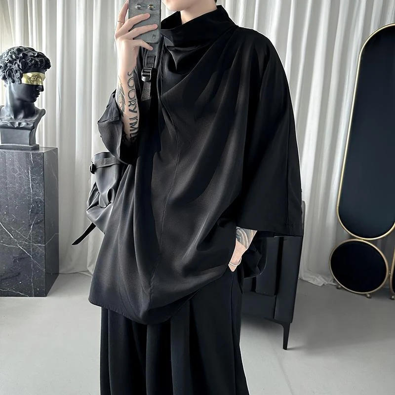 Dark Ice Silk High Cascading Collar Short Sleeve Shirt, a cool and stylish choice for ultimate comfort and elegance in w — photo 1