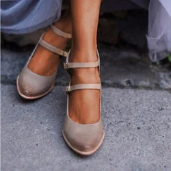Title 2, High-heeled belt buckle block heel shoes. Styli...