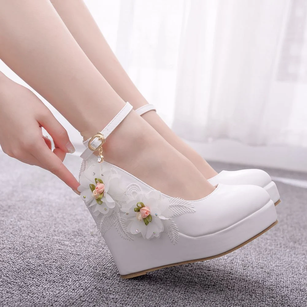 Title 4, Wedge Heel Lace Flower Wedding Shoes, combine c...