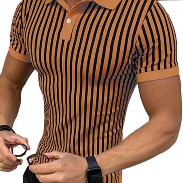 Camisa listrada masculina casual de manga curta com gola lapela, ideal para um visual descontraído e moderno, perfeita para o dia a dia e o verão. — foto 5