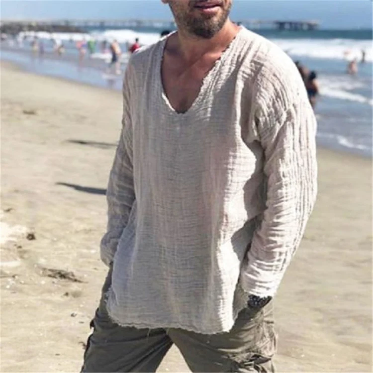 Men's Solid Color Crew Neck Frayed Loose Casual Shirt, Providing a Comfortable, Relaxed Fit and Effortless Style for Eve — photo 11