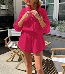 Conjunto feminino de linho e algodão, top de manga longa e shorts com babados, casual, moda europeia e americana, terno branco. — foto 7