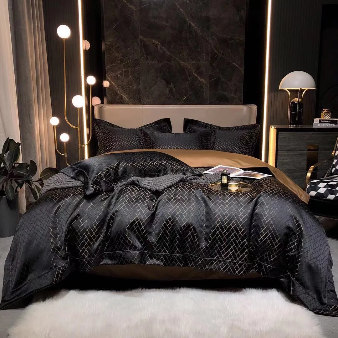 Jogo de cama luxuoso retrô preto dourado, 120 fios jacquard algodão, quatro peças, para noites de sono sofisticadas. — foto 8