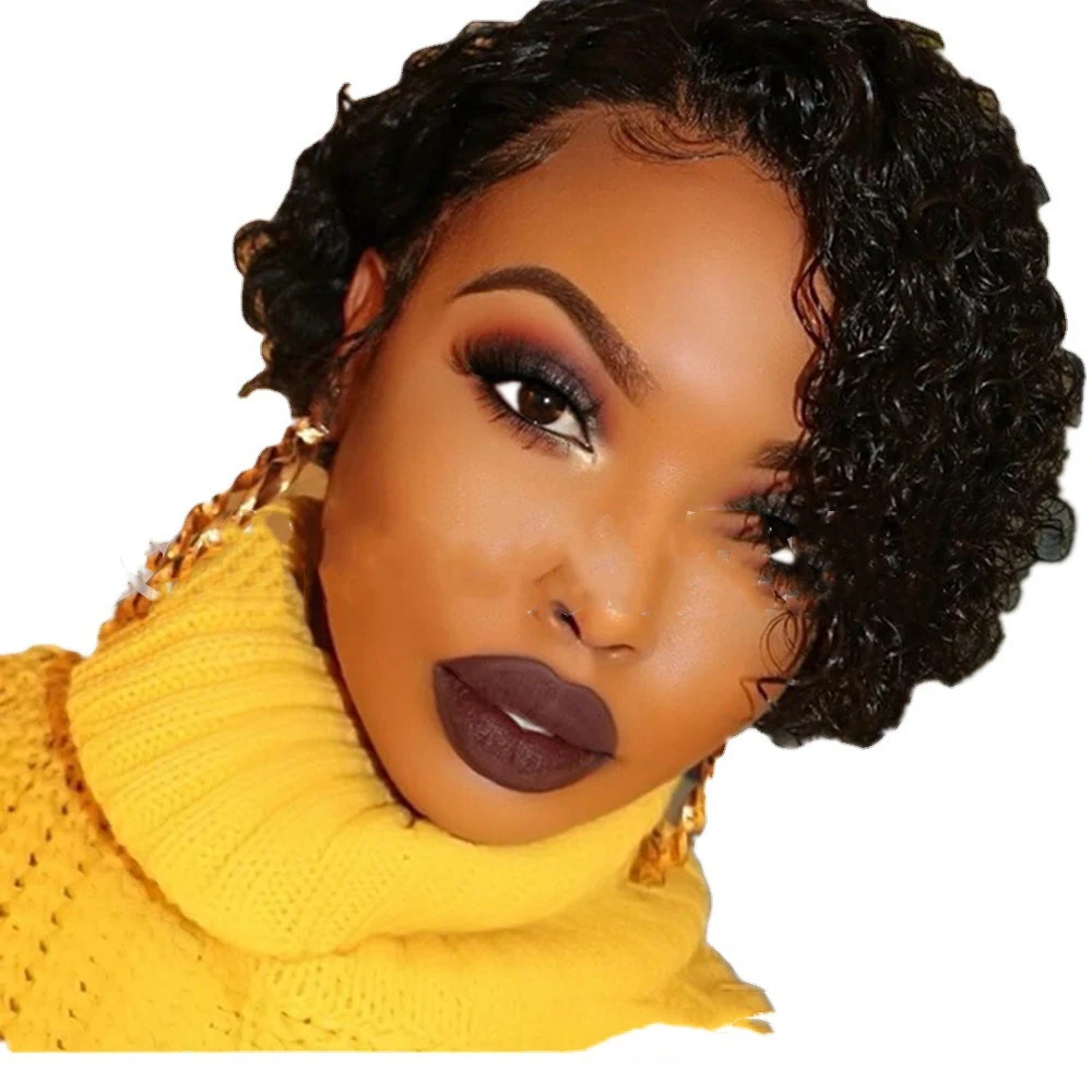 Peruca de cabelo natural curto com lace frontal Bob, cacheado, corte duende, HD transparente, circunferência 56cm. Look moderno e fácil de usar. — foto 2