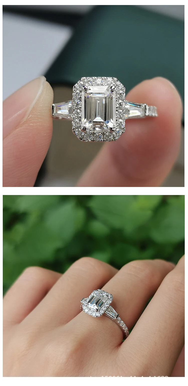 Anel Moissanite corte esmeralda D-color em prata 925, brilho incomparável e beleza atemporal. Ideal para ocasiões especiais. — foto 10