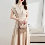 Temperament Commute V-neck Tight Waist Apricot Dress Simple And Thin — photo 5