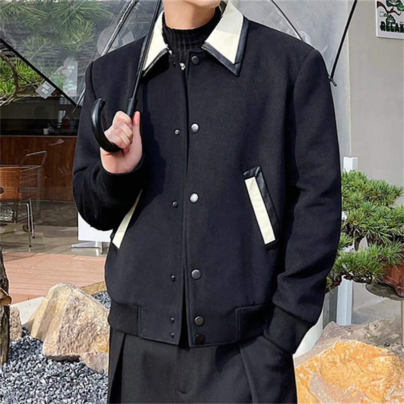 Men's Wool Contrast Leather Lapel Jacket, offering warmth and style. A sophisticated outerwear choice for colder weather — photo 1