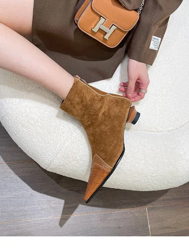 Title 16, Botas Retro Patchwork de Bico Fino com Zíper Tr...