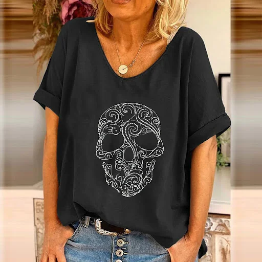 Title 2, Casual losse schedel strass T-shirt met korte m...