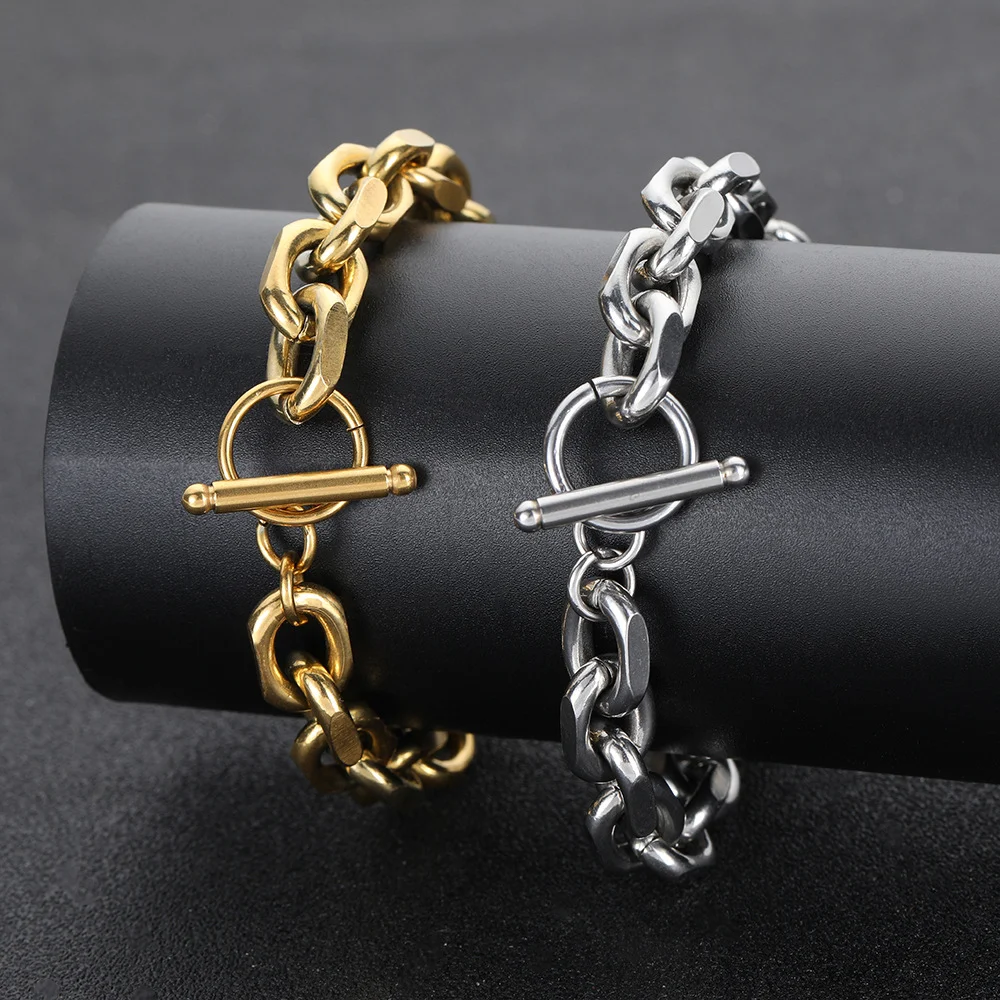 Pulseira masculina corrente cruzada aço titânio hip-hop eletroplaqueada, elo O, design moderno e resistente para um visual marcante. — foto 12