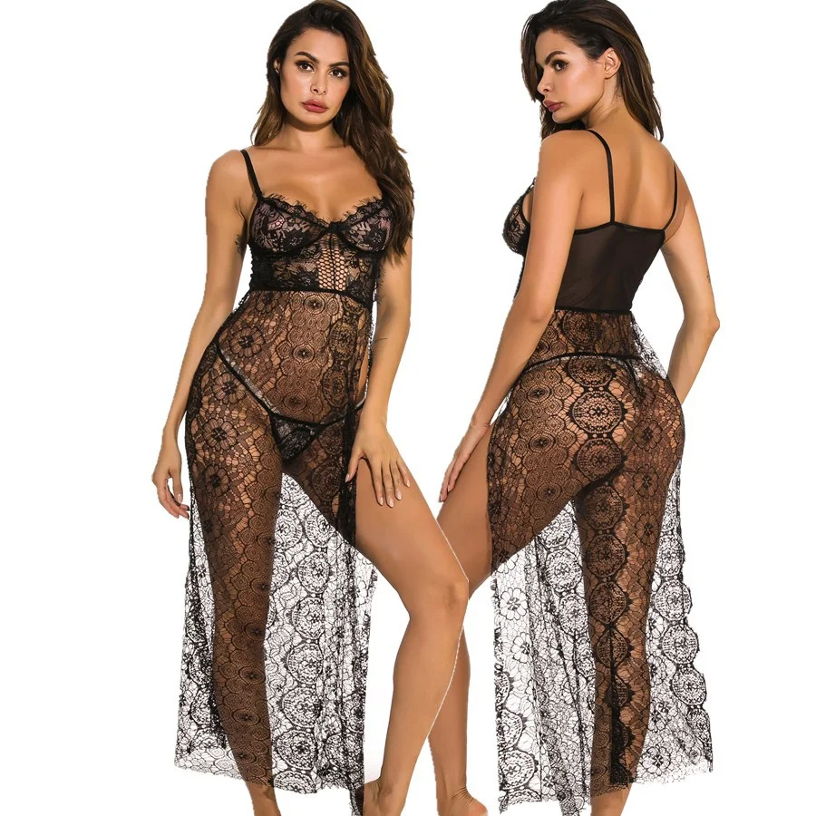 Title 3, Roupa íntima longa transparente com fenda alta ...